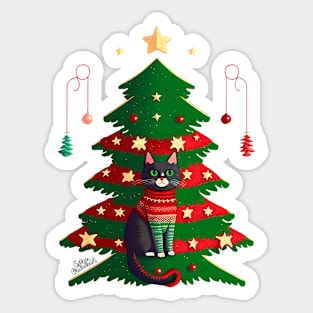 Cute cat in Christmas sweater and Christmas tree Sticker